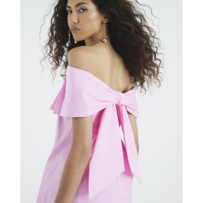 pink bardot dress river island Pink Premium Bow Mini Bardot Dress