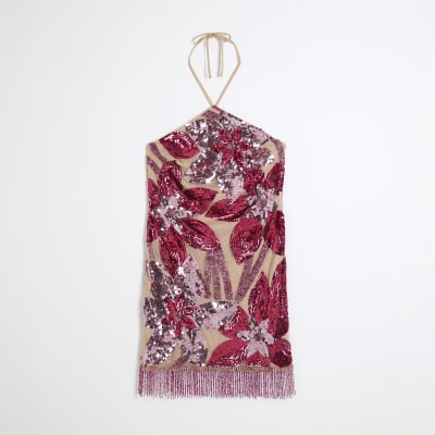 open lace back dress River Island Pink/Red Sequin Dress