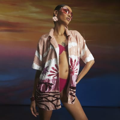 Pink Premium Palm Tree Embellished Shirt