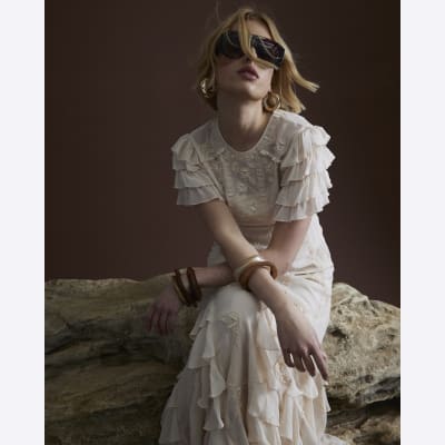 Pink Premium Ruffle Embroidered Maxi Dress