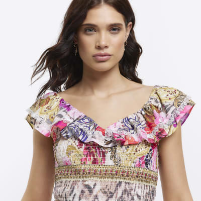 Pink print frill crop top River Island