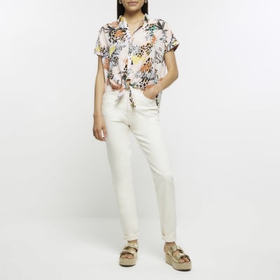 Pink print knot short sleeve shirt
