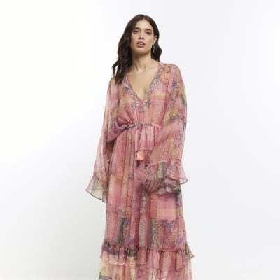 Pink print long sleeve maxi dress | River Island