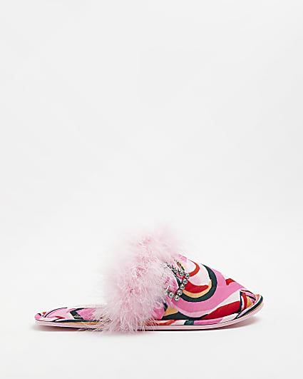 Pink print satin feather slippers