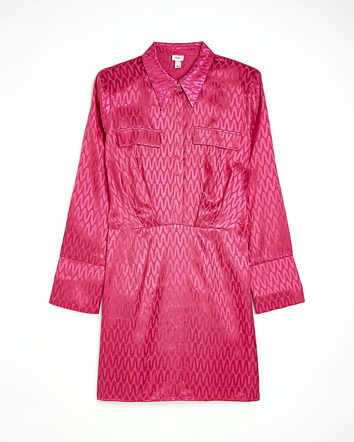 Pink print satin mini shirt dress