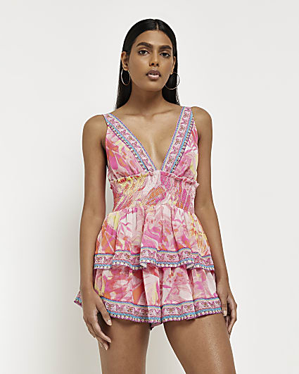 River Island Cutwork Detail Beach Playsuit in Black Womens Clothing Jumpsuits and rompers Playsuits 