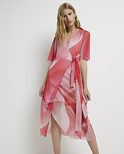 Pink print wrap midi dress