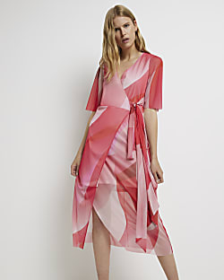Pink print wrap midi dress