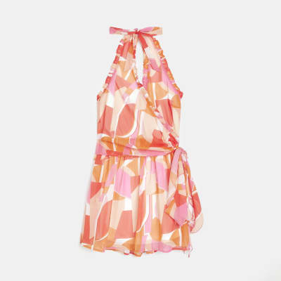 Pink printed frill mini dress