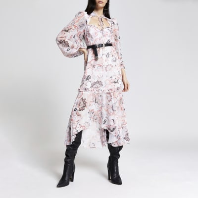 river island midi dress with ruffle detail in pink floral