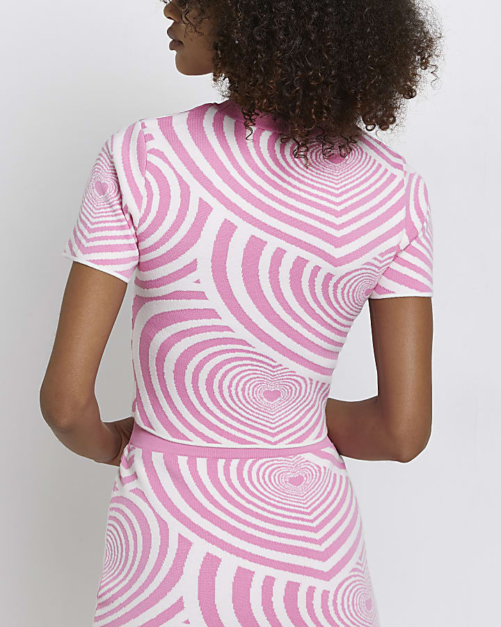 Pink printed knit cropped t-shirt