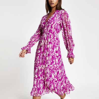 River Island Premium Lurex Tie Neck Smock Dress Size 16 Pink