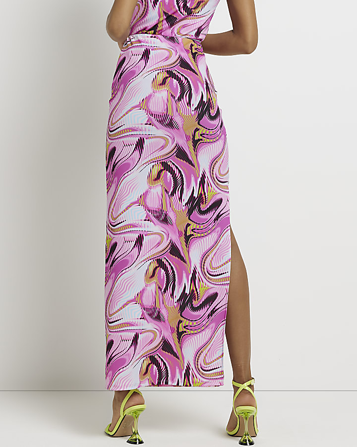 Pink printed ruched maxi skirt