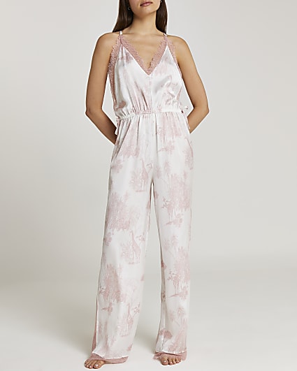 Pink printed satin and lace jumpsuit