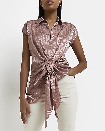 Pink printed satin knot front shirt