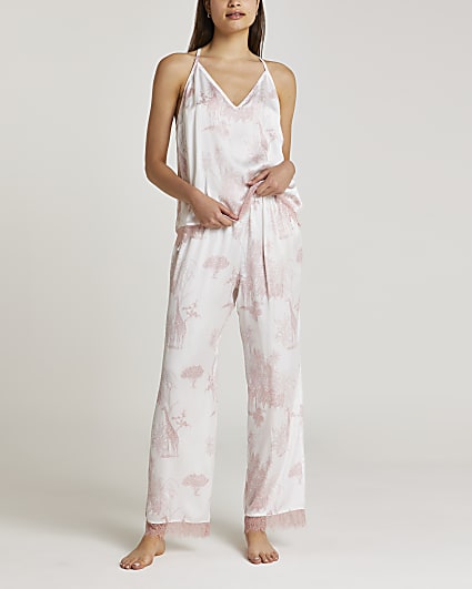 Pink printed satin pyjama set