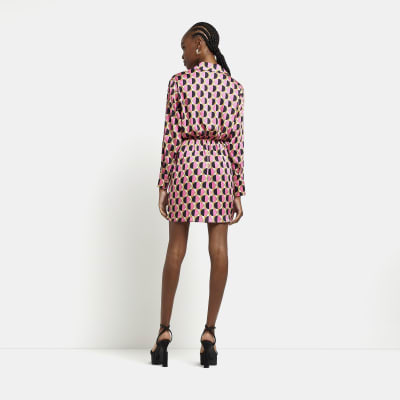 Pink printed satin wrap mini dress