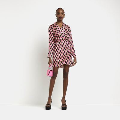 Pink printed satin wrap mini dress