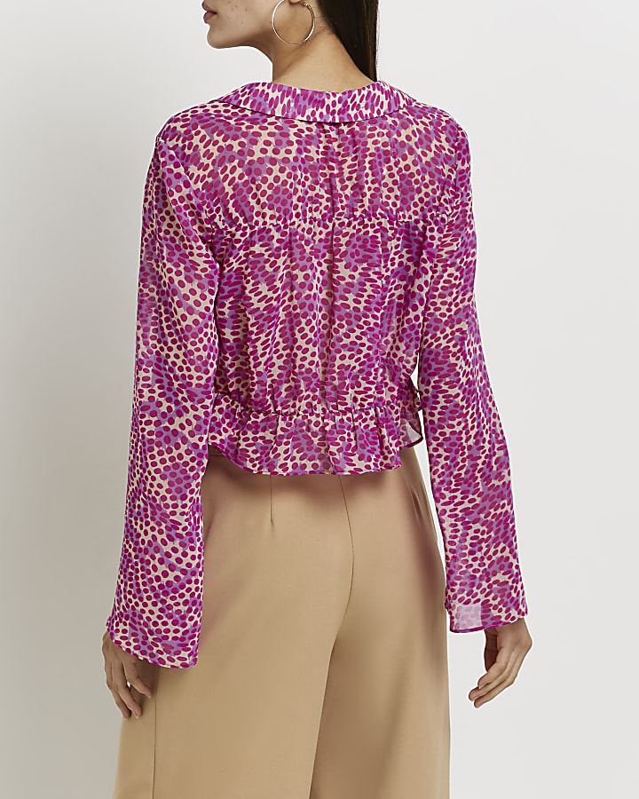 Pink printed tie front cropped shirt