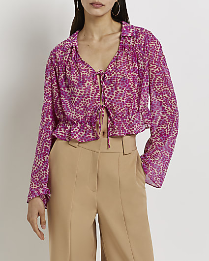 Pink printed tie front cropped shirt