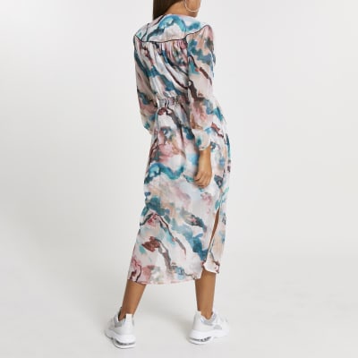 Pink printed wrap midi dress