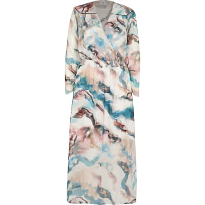 Pink printed wrap midi dress