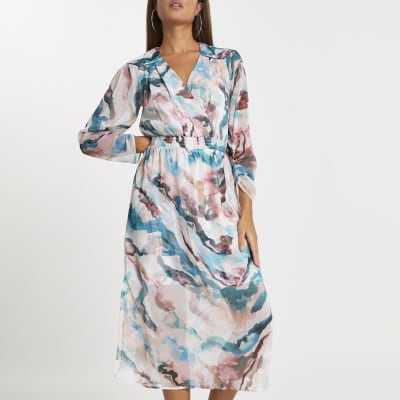 Pink printed wrap midi dress