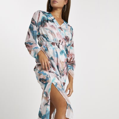 Pink printed wrap midi dress