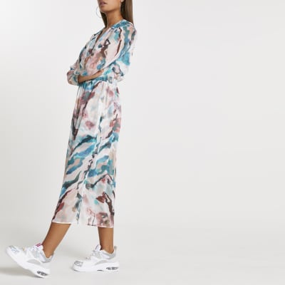 Pink printed wrap midi dress