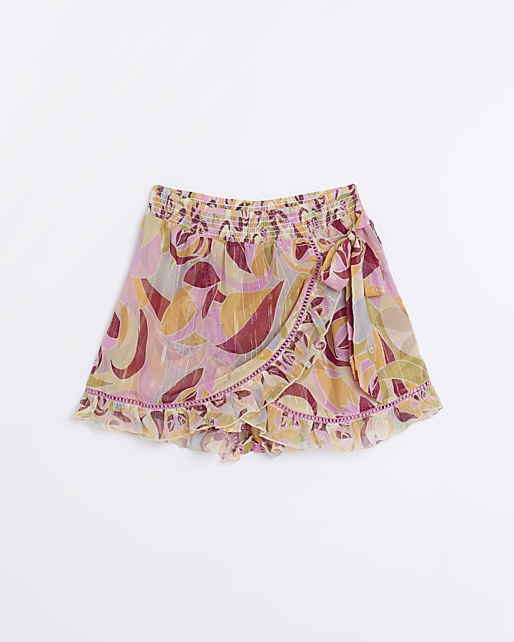 Pink printed wrap mini skirt