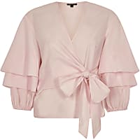 Pink puff frill sleeve tie front top