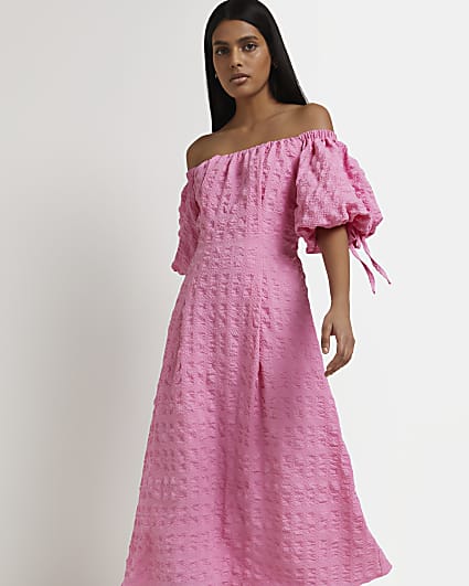 Pink puff sleeve bardot midi dress