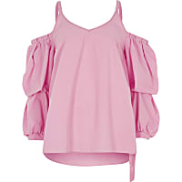 Pink puff sleeve cold shoulder top