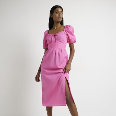 Pink puff sleeve midi dress | River Island