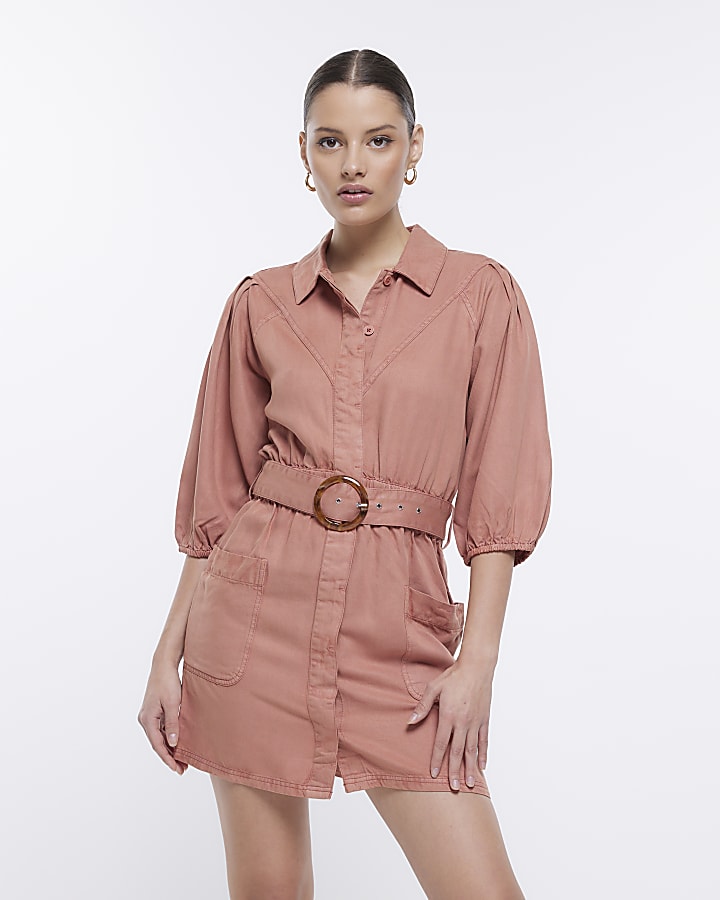Pink puff sleeve mini shirt dress
