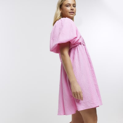 Pink puff sleeve smock dress | River Island