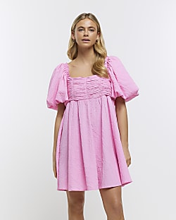 Pink puff sleeve smock dress