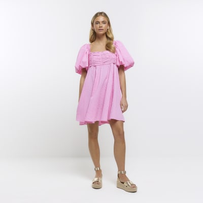 Pink puff sleeve smock dress | River Island