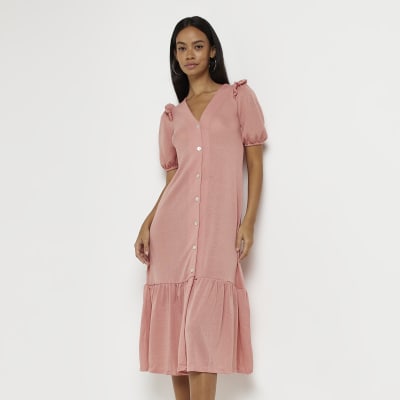 Pink puff sleeve smock midi dress River Island