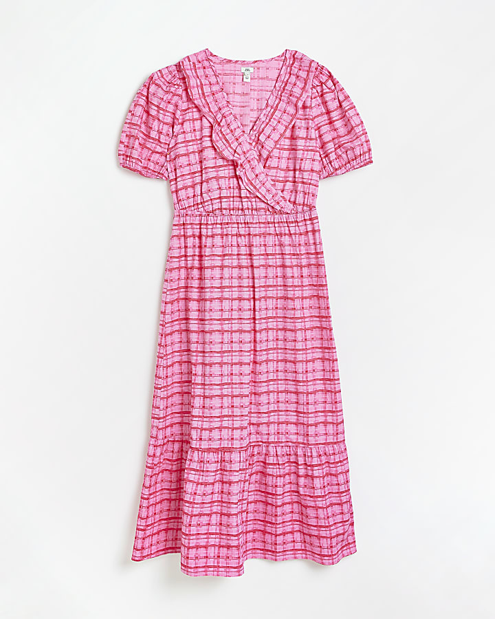 Pink Puff Sleeve Wrap Midi Dress
