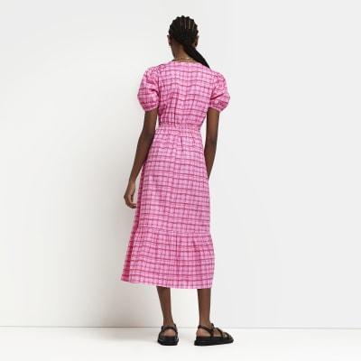Pink Puff Sleeve Wrap Midi Dress
