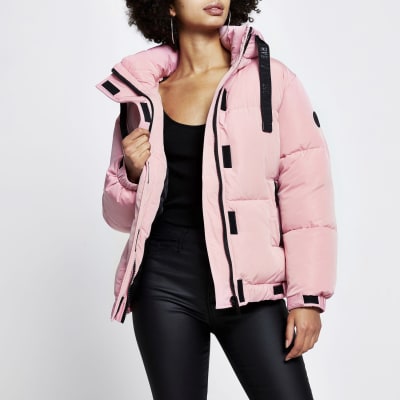 Pink Puffer Long Sleeve Jacket River Island