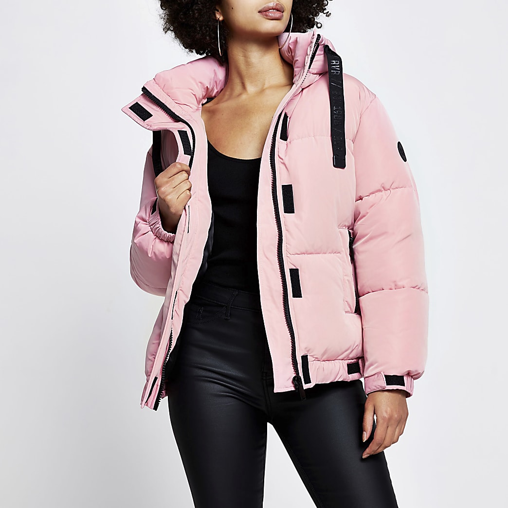 Pink puffer long sleeve jacket | River Island