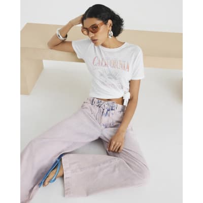 Pink Pyjama Style Wide Leg Jeans