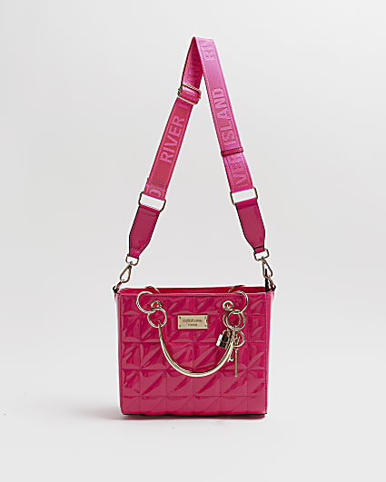 Pink quilted patent tote bag
