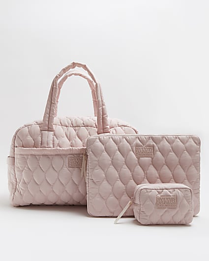 Pink quilted weekend bag and laptop case set