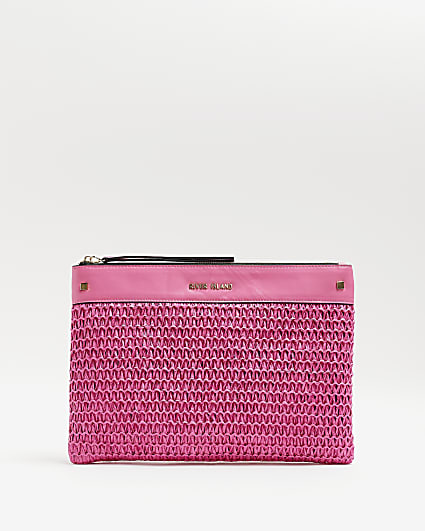 Pink raffia clutch bag
