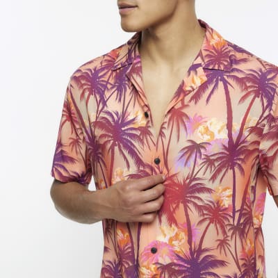 Pink regular fit palm print revere shirt