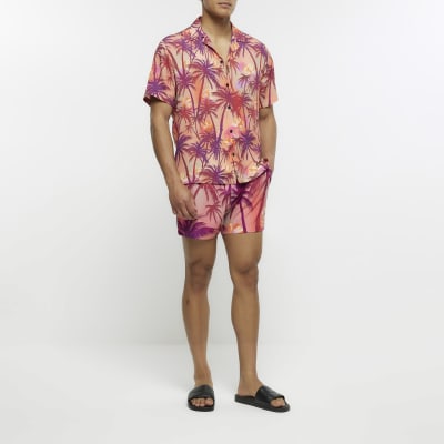 Pink regular fit palm print revere shirt