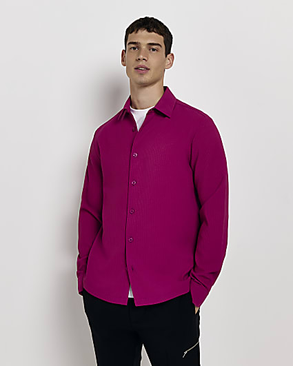 Pink Regular fit Plisse long sleeve Shirt